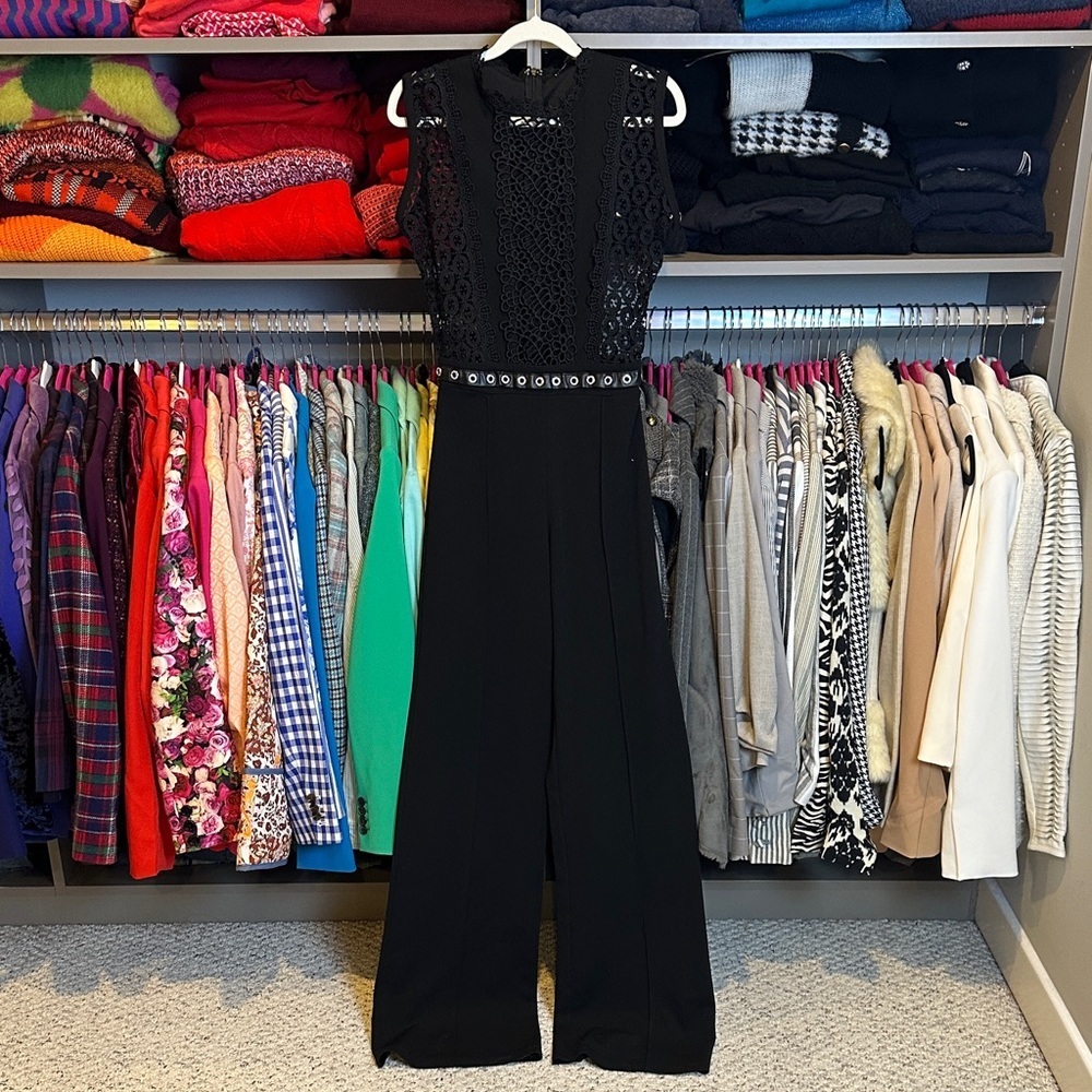 Fashion Nova black lace sleeveless grommet waist detail jumpsuit size S